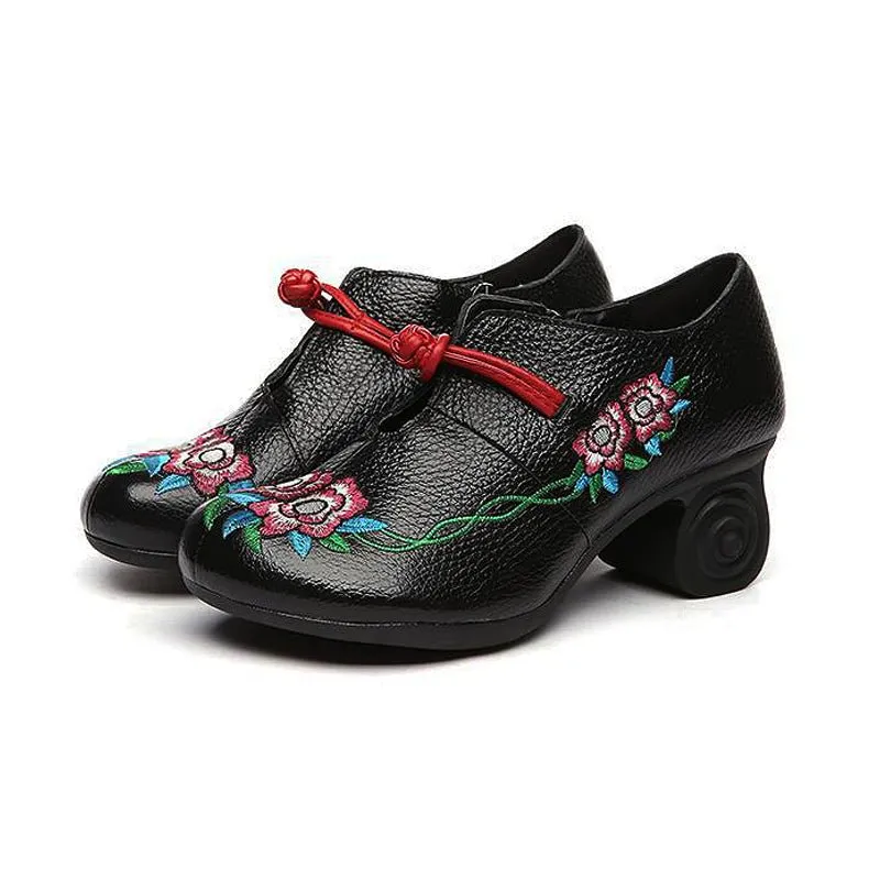 Embroidered Leather Pumps with Non-Slip Scroll Heel