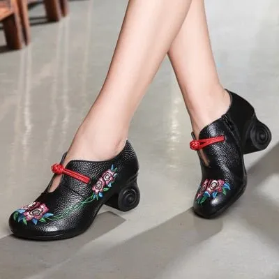 Embroidered Leather Pumps with Non-Slip Scroll Heel