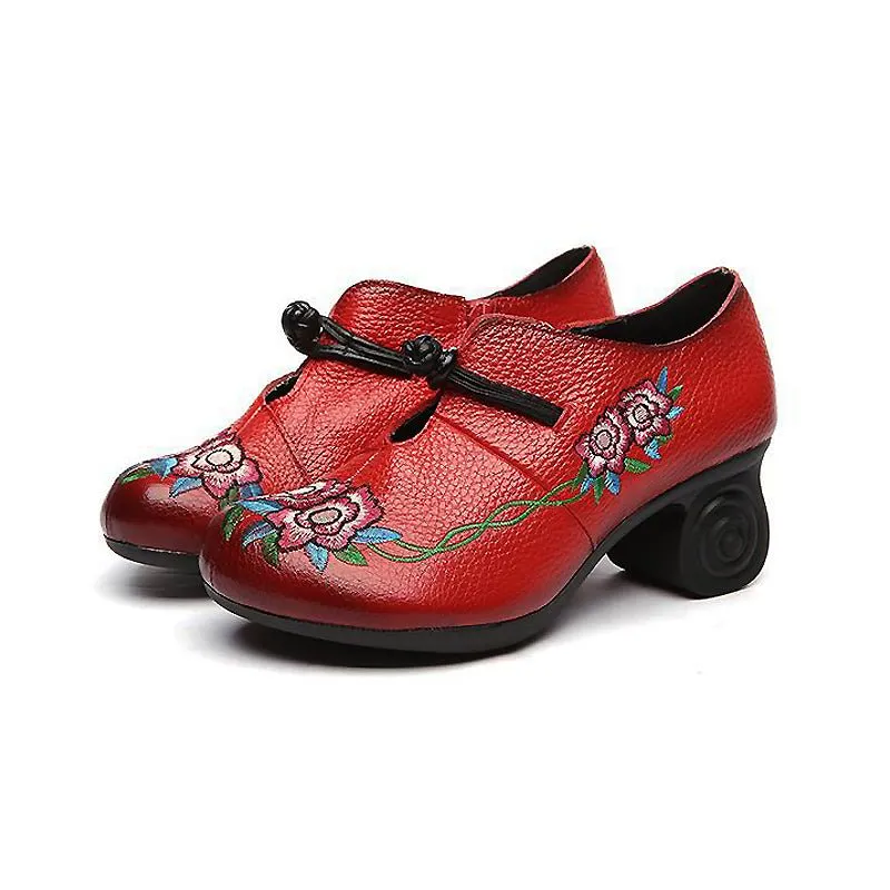 Embroidered Leather Pumps with Non-Slip Scroll Heel