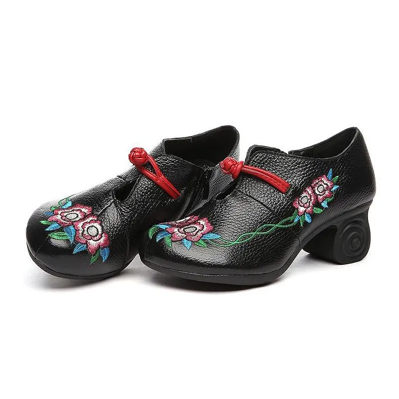 Embroidered Leather Pumps with Non-Slip Scroll Heel