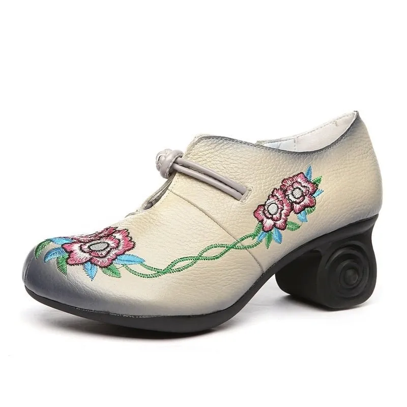 Embroidered Leather Pumps with Non-Slip Scroll Heel