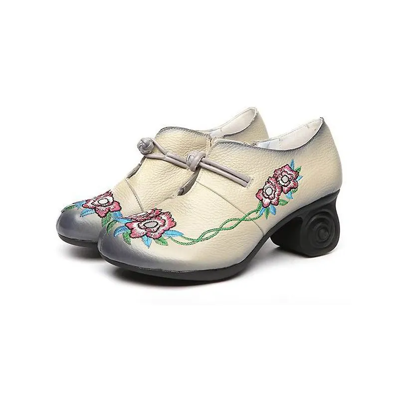 Embroidered Leather Pumps with Non-Slip Scroll Heel