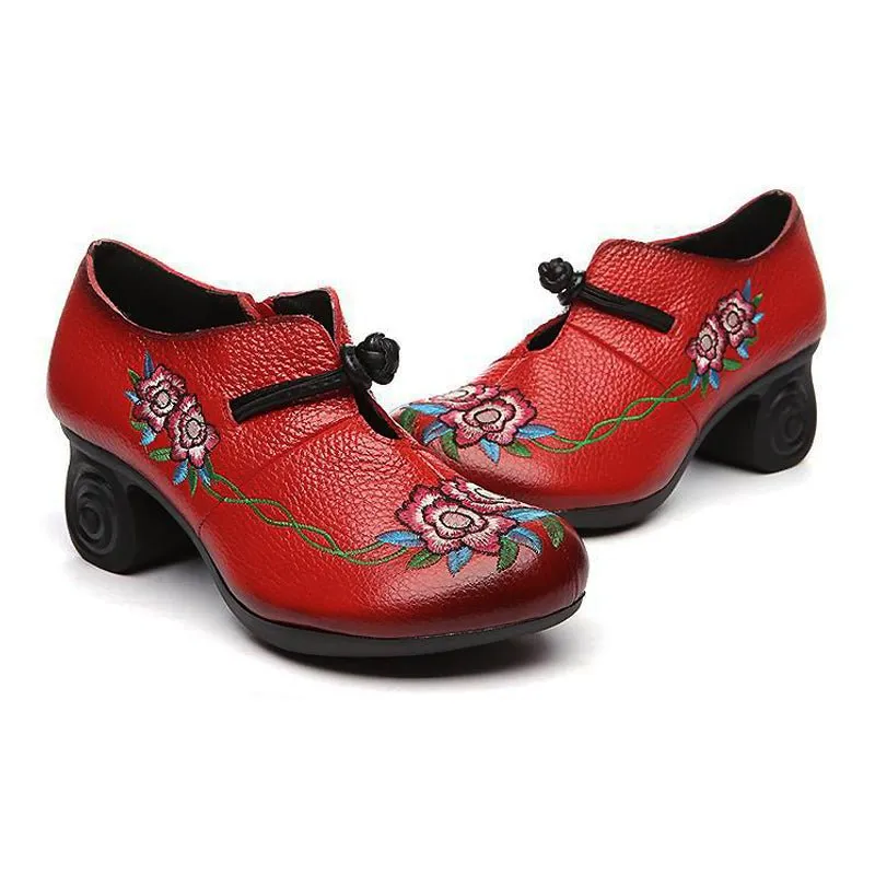 Embroidered Leather Pumps with Non-Slip Scroll Heel