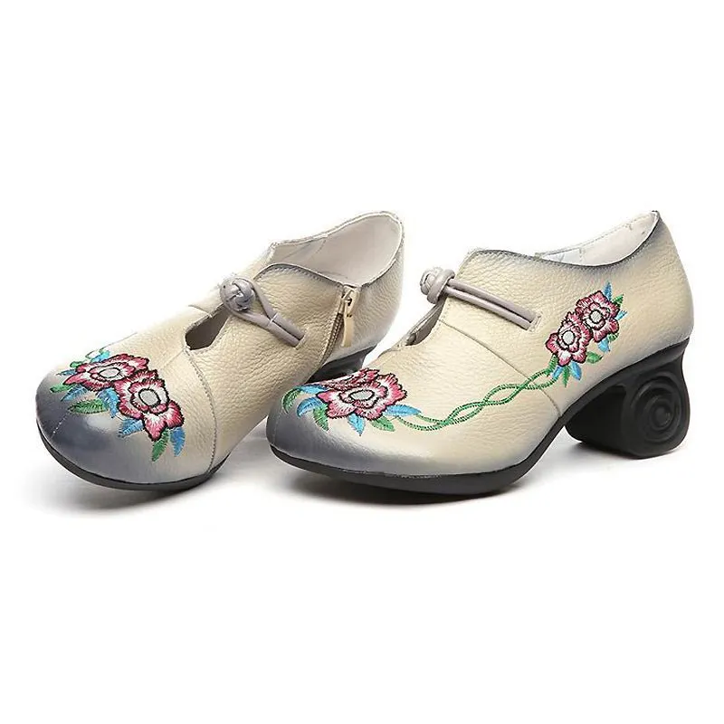 Embroidered Leather Pumps with Non-Slip Scroll Heel