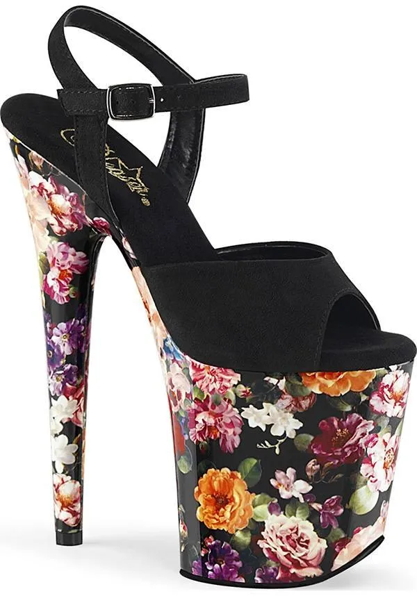 FLAMINGO-809WR [Black Suede/Flower Print] | PLATFORM HEELS [PREORDER]