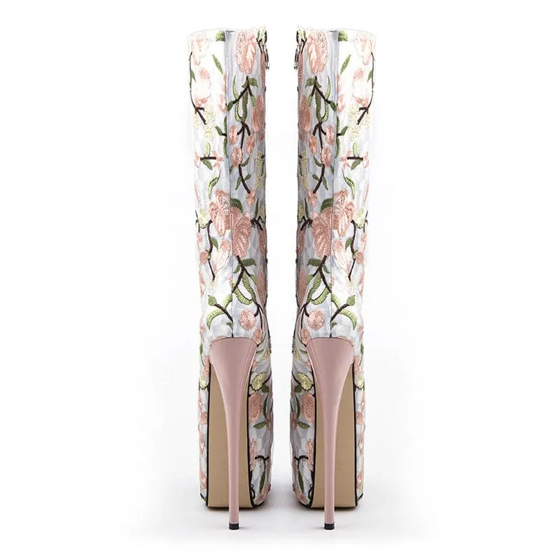 Floral Peep Toe Embroidered Mid Leg Platform Boots