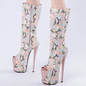 Floral Peep Toe Embroidered Mid Leg Platform Boots