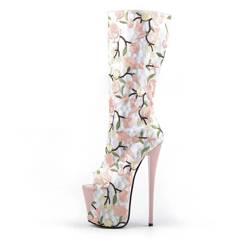 Floral Peep Toe Embroidered Mid Leg Platform Boots