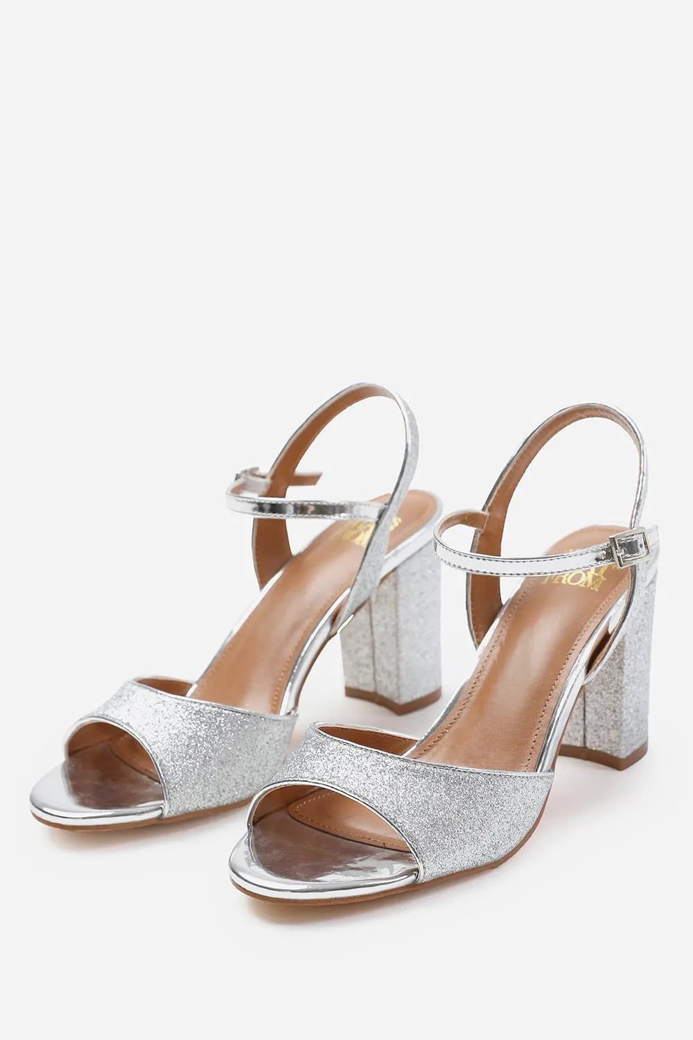 FLORENCE MID HIGH HEELS WITH ANKLE STRAP IN SILVER GLITTER