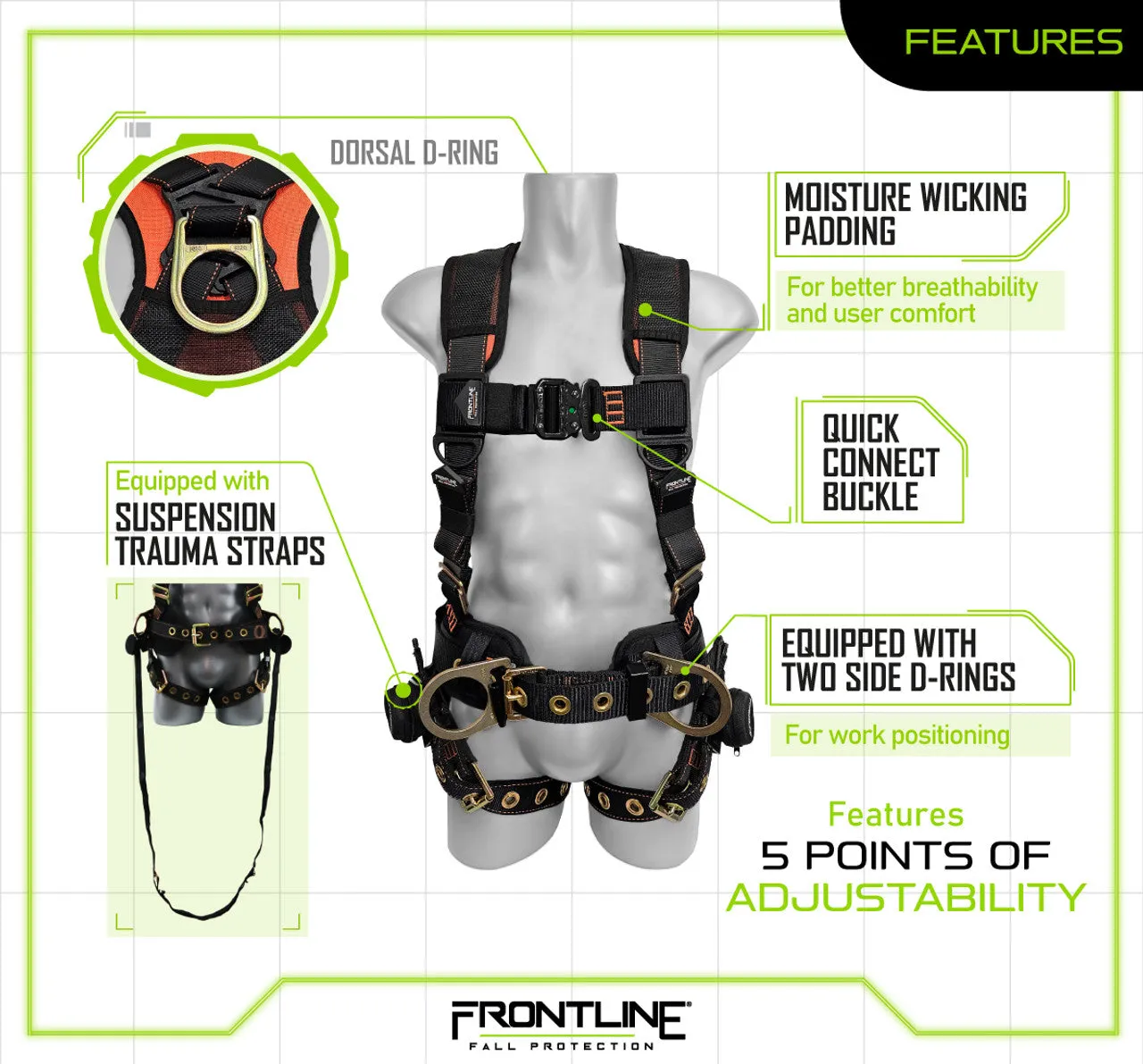 Frontline 100CTB Combat Construction Full Body Harness with Tongue Buckle Legs and Trauma Straps M/L