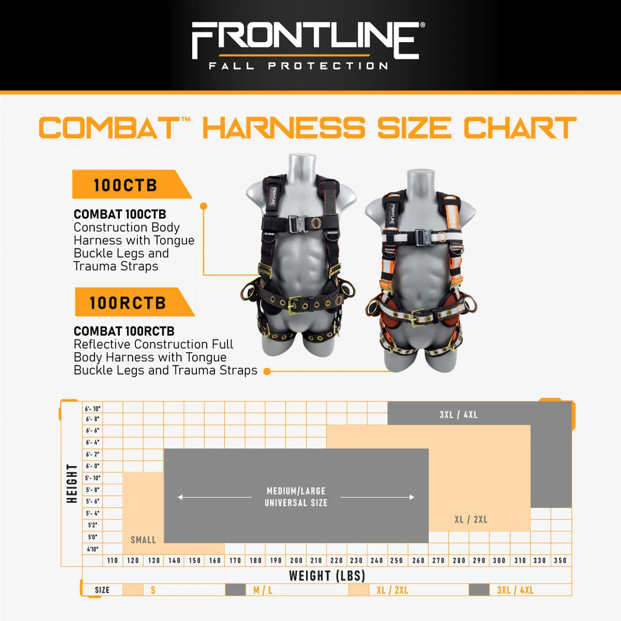 Frontline 100CTB Combat Construction Full Body Harness with Tongue Buckle Legs and Trauma Straps M/L