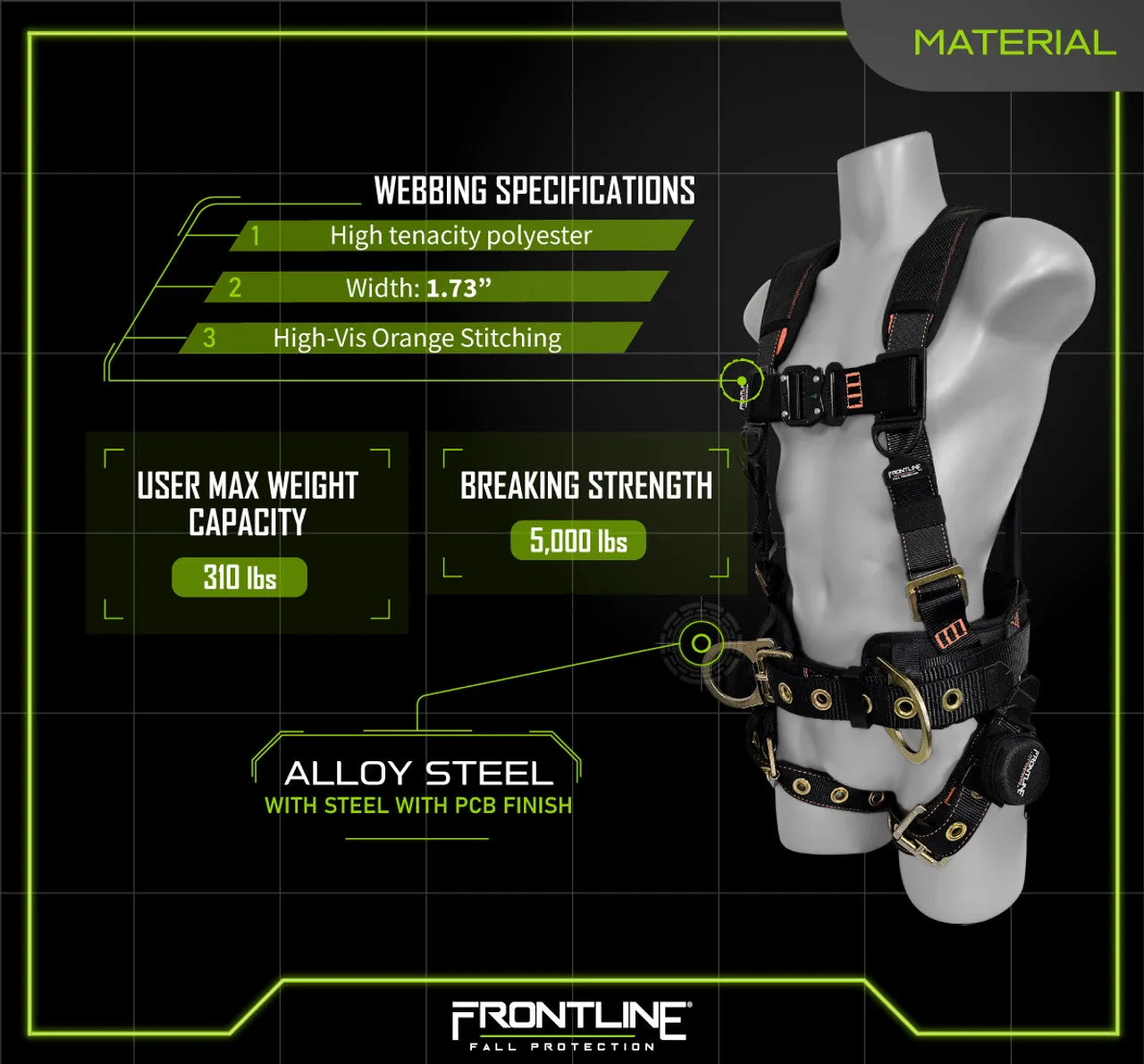 Frontline 100CTB Combat Construction Full Body Harness with Tongue Buckle Legs and Trauma Straps M/L