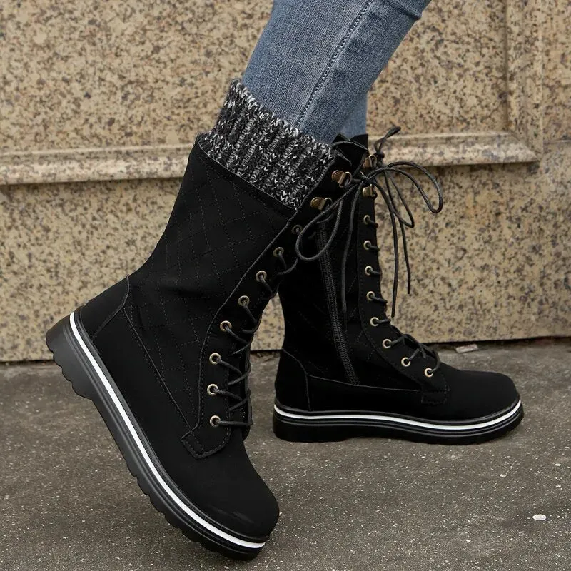 Funki Buys | Boots | Women's Plush Mid-Calf Lace Up Flat Boots