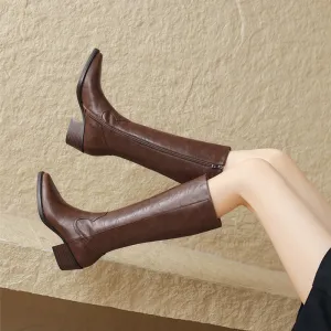 Genuine Leather Pointed Toe Chunky Heel Minimalist Design Women's Knee-High Boots in Black for Autumn