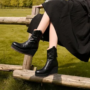 Genuine Leather Pointed Toe Chunky Heel Minimalist Design Women's Knee-High Boots