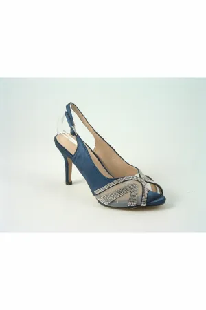 Glitz Shoes Sienna Navy Diamante Peep Toe Sling Back Mid Heel