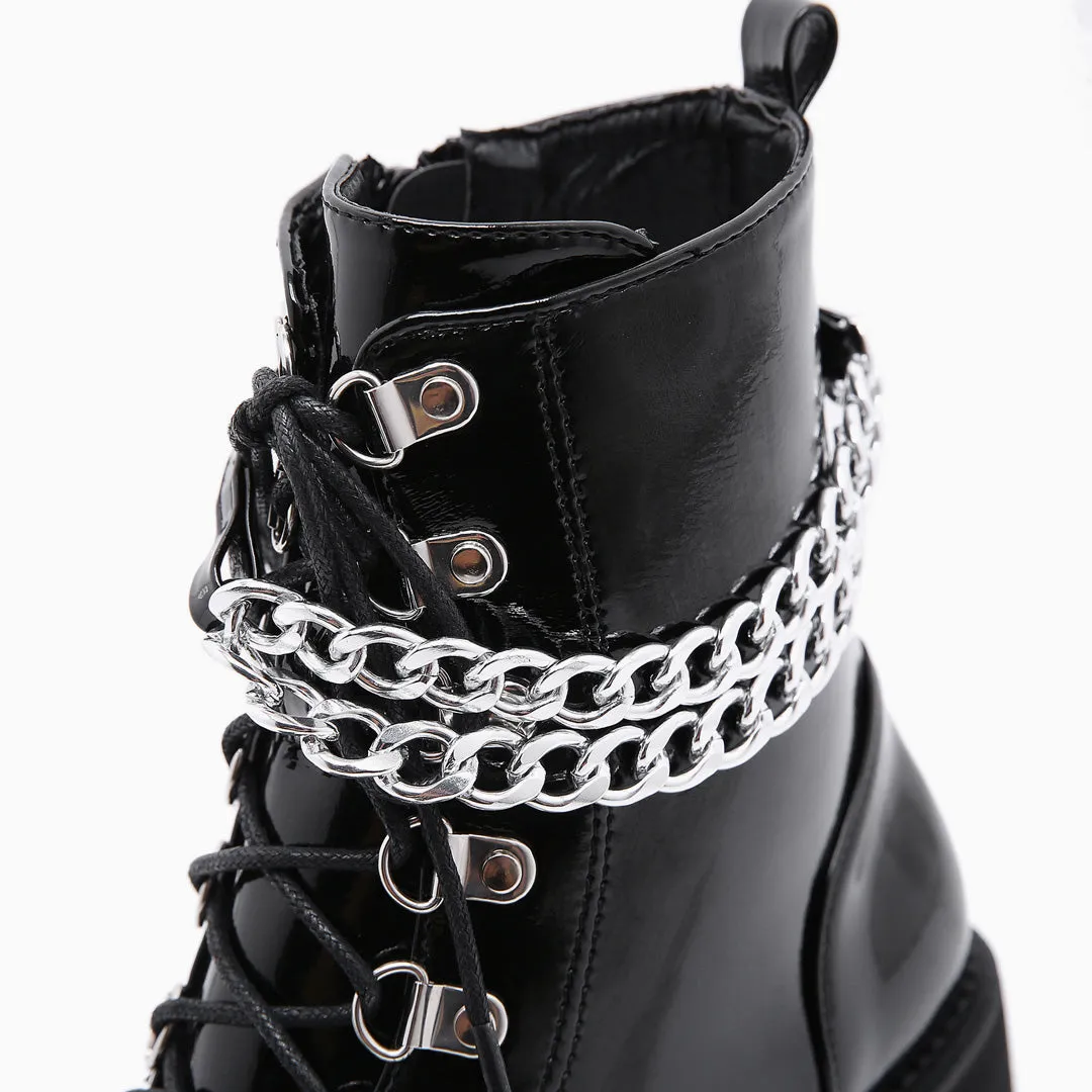 Glossy Chain-Link Lace Up Chunky Heel Platform Boots - Black