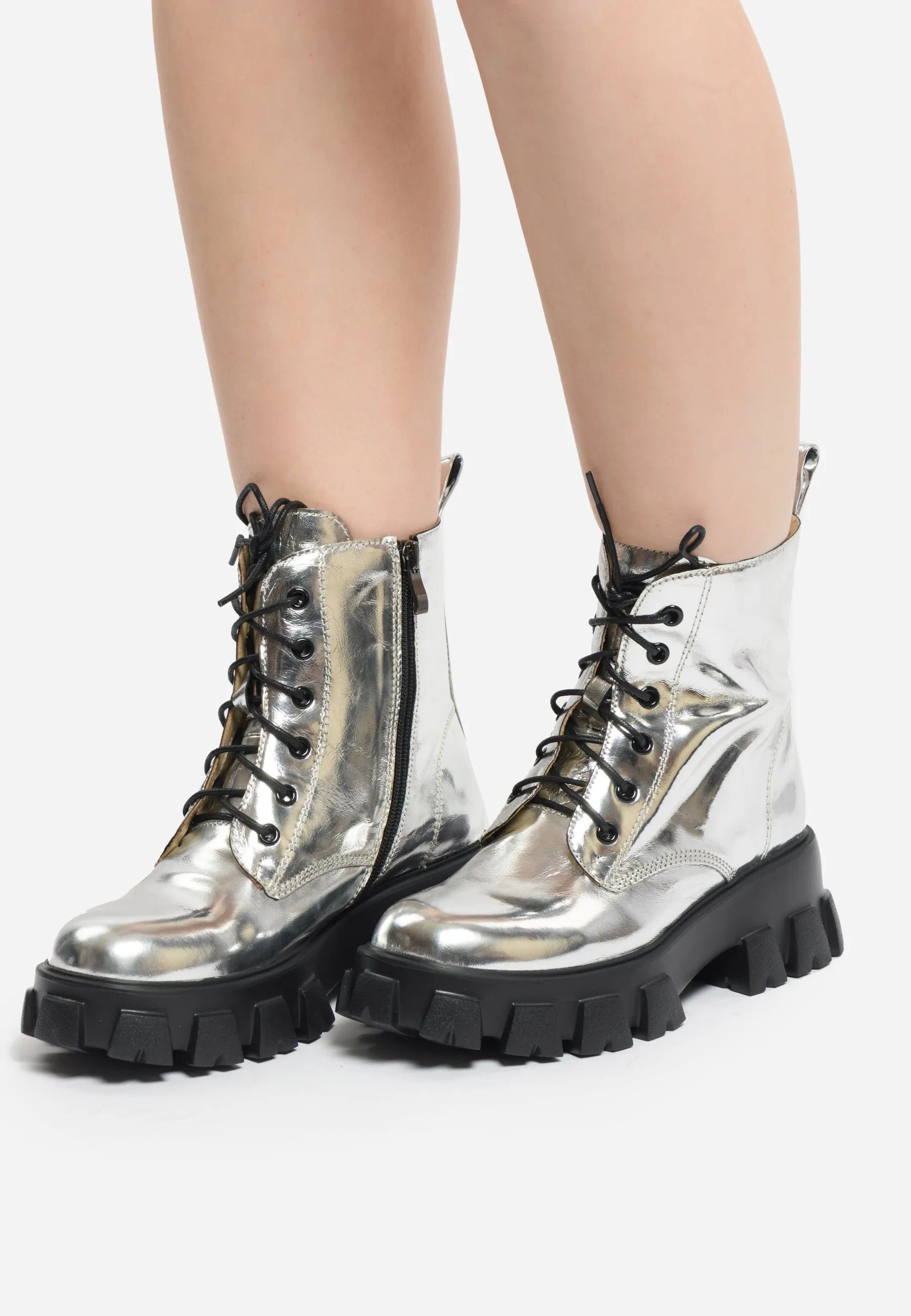 Glossy Chunky Combat Boots - Silver