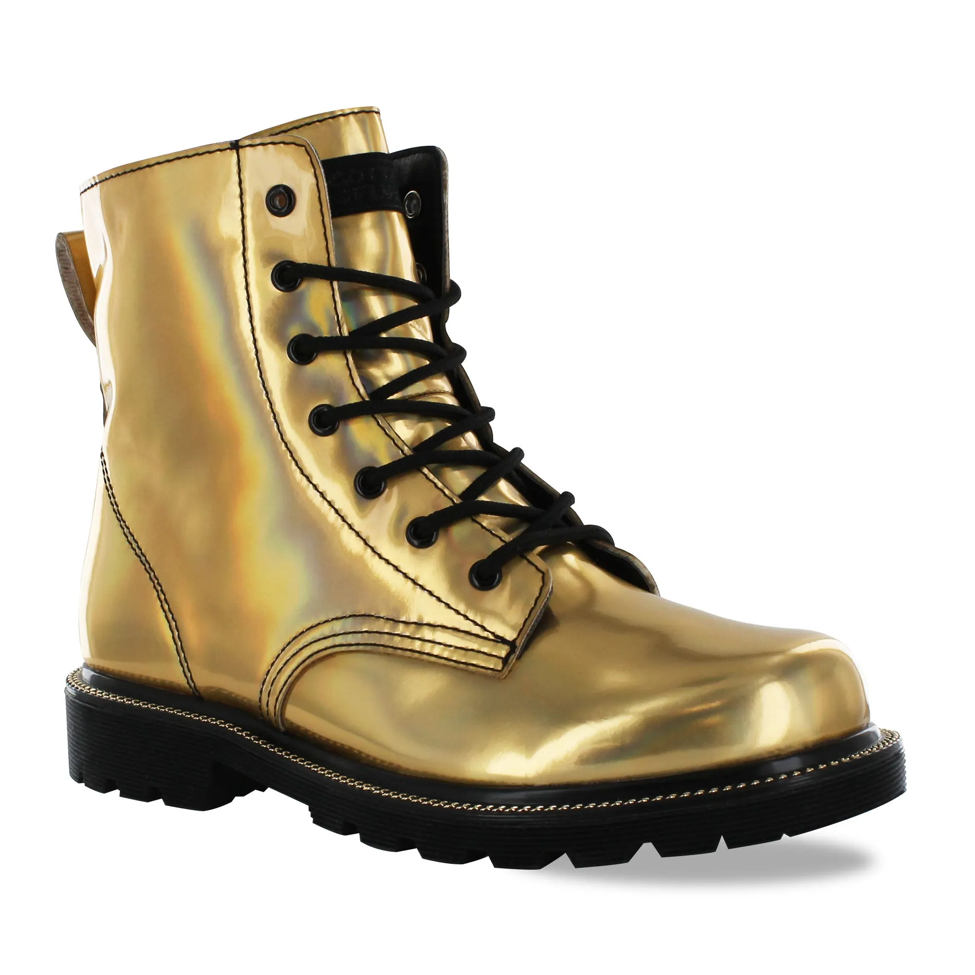 Gotta Flurt Women's Luna Gold Faux Patent Leather Combat Boot With Side Zipper