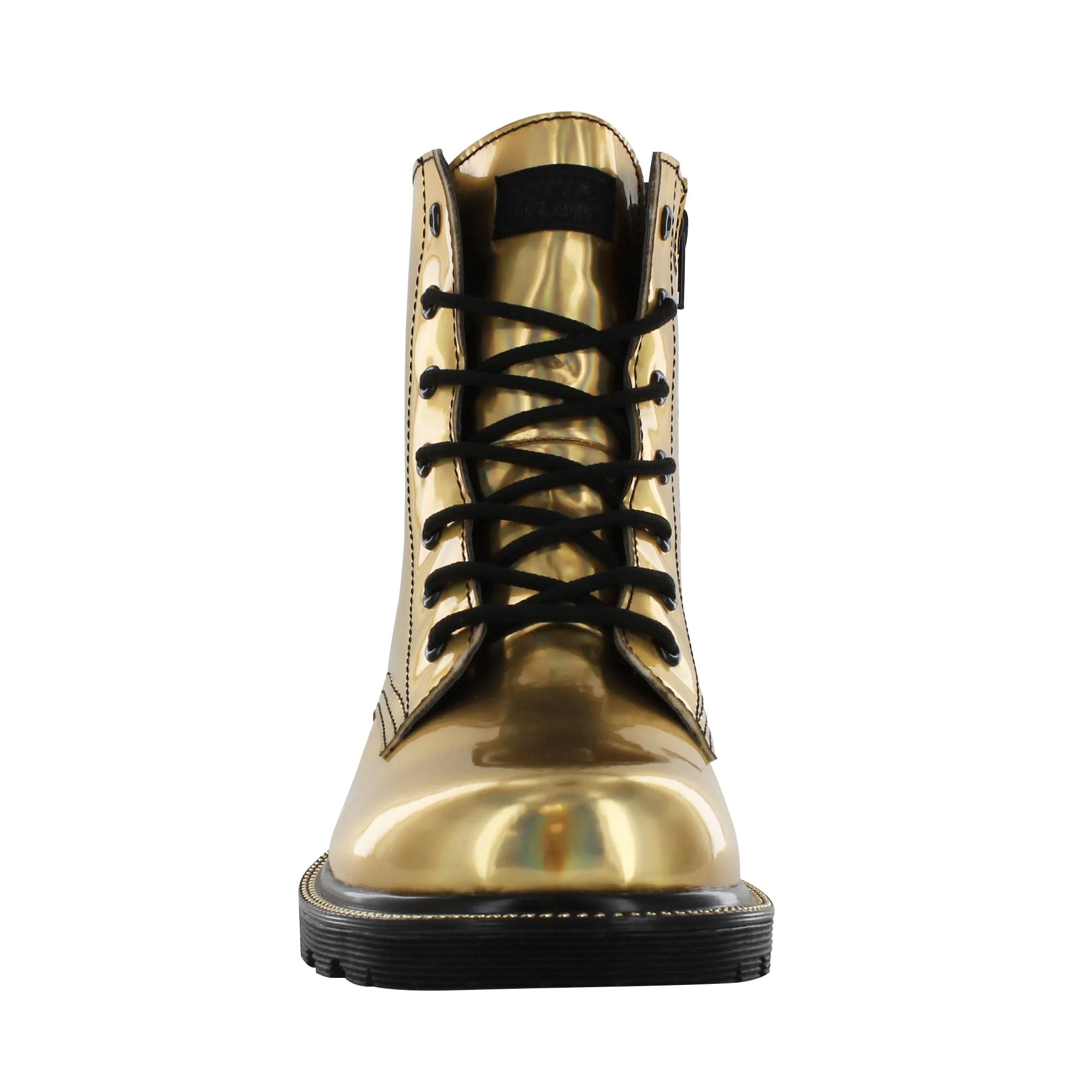 Gotta Flurt Women's Luna Gold Faux Patent Leather Combat Boot With Side Zipper