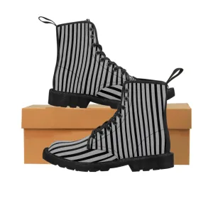 Grey Striped Print Men's Boots, Black Stripes Best Hiking Winter Boots Laced Up Shoes For Men