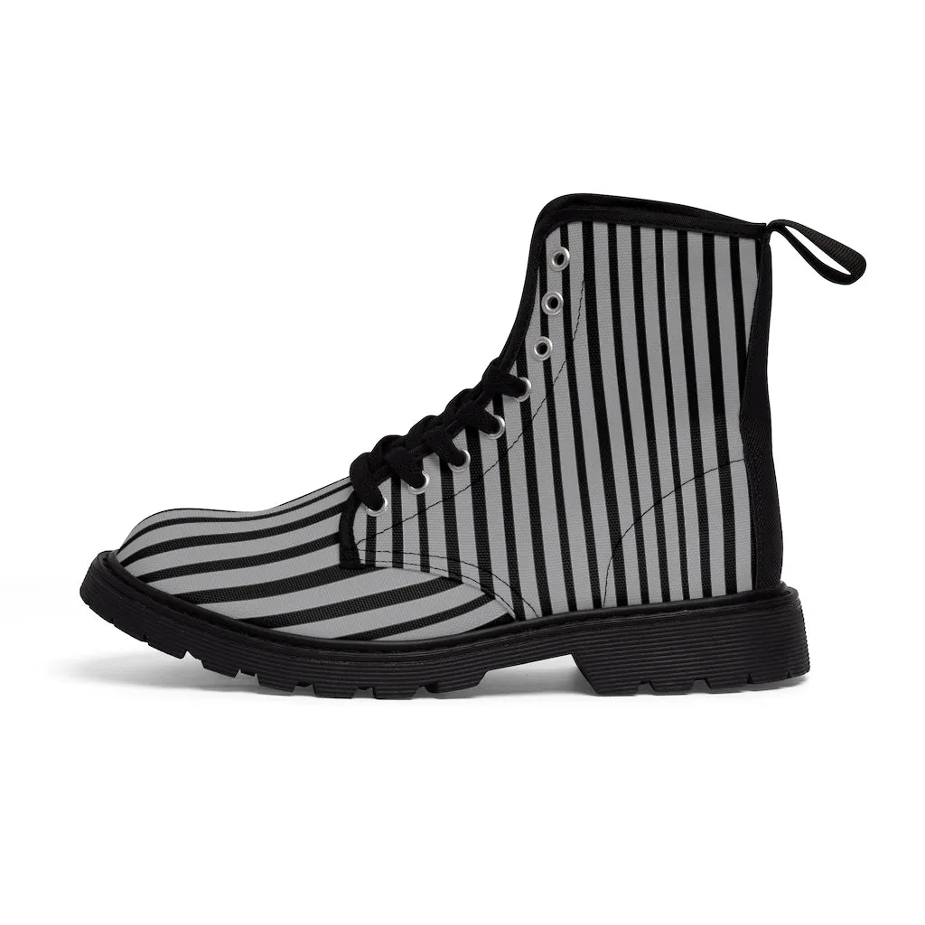 Grey Striped Print Men's Boots, Black Stripes Best Hiking Winter Boots Laced Up Shoes For Men