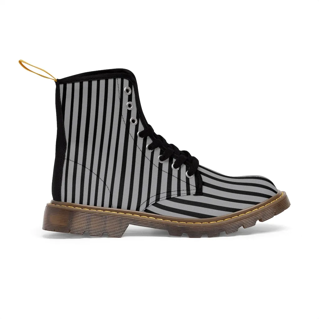 Grey Striped Print Men's Boots, Black Stripes Best Hiking Winter Boots Laced Up Shoes For Men