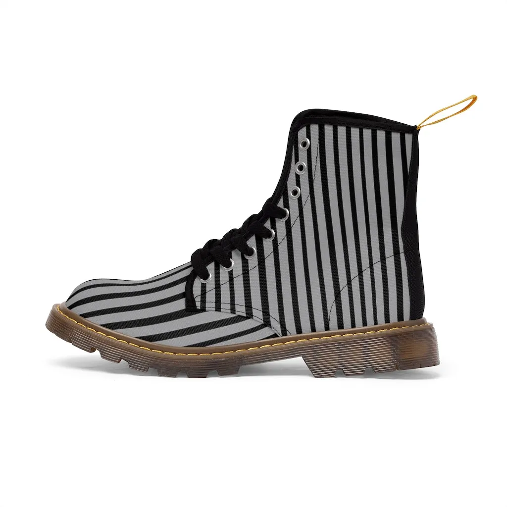 Grey Striped Print Men's Boots, Black Stripes Best Hiking Winter Boots Laced Up Shoes For Men