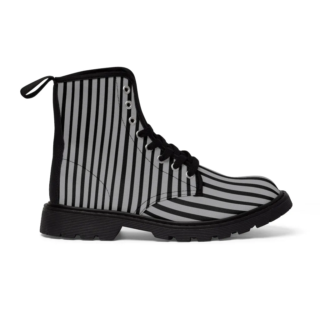 Grey Striped Print Men's Boots, Black Stripes Best Hiking Winter Boots Laced Up Shoes For Men