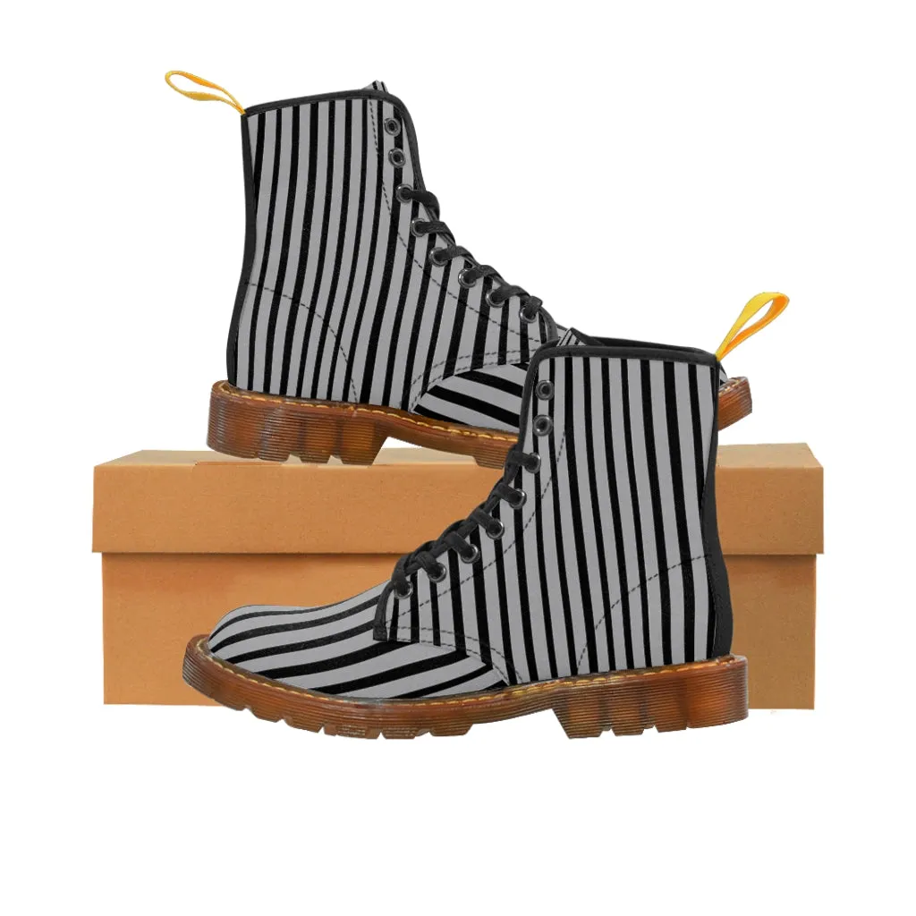 Grey Striped Print Men's Boots, Black Stripes Best Hiking Winter Boots Laced Up Shoes For Men