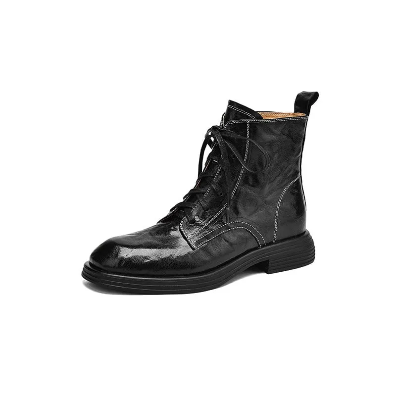 Handmade Lambskin Classic Low-Heel Martin Boots in Black/Brown for Autumn/Winter