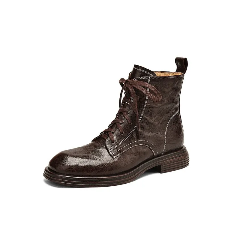 Handmade Lambskin Classic Low-Heel Martin Boots in Black/Brown for Autumn/Winter