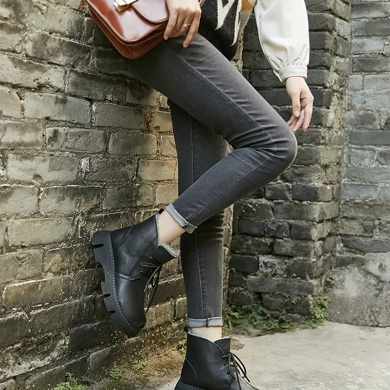 Handmade Retro Leather Lace Up Ankle Boots For Women With Fleece Lined in Black/Coffee