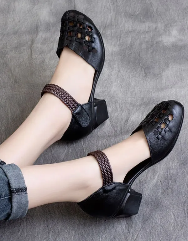 Handmade Retro Leather Woven Chunky Heel Sandals