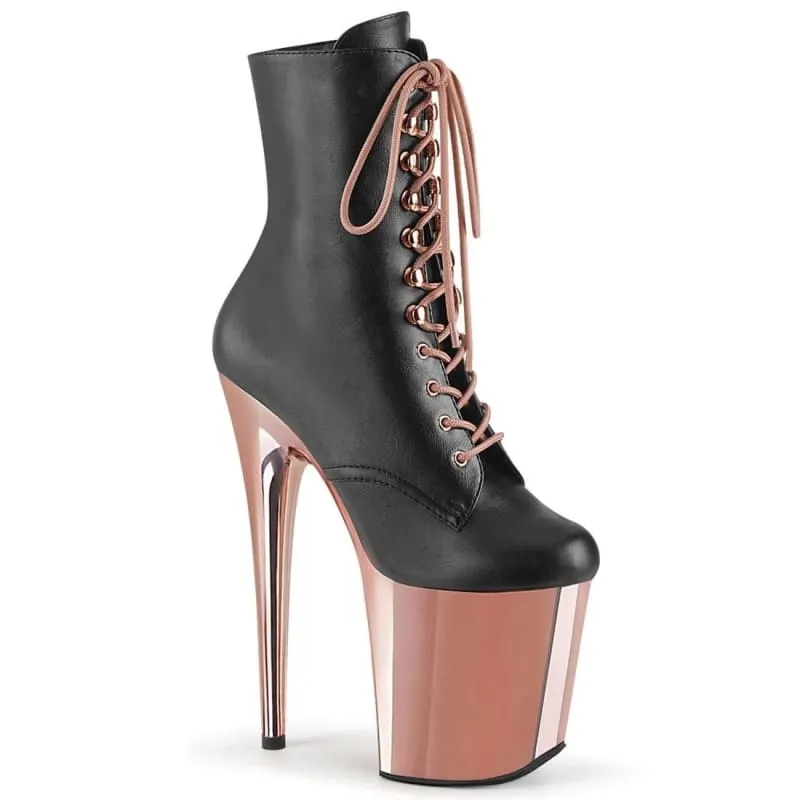 High Heel Leather Lace Up Boots for Drag Queens in Black and Rose Gold