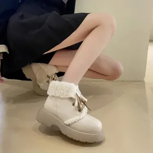 Hnzxzm Female Shoes Punk Style Ankle Booties Ladies Snow Boots Elegant with Medium Heels Lolita Combat Mary Janes Lamb on Slip Plush Pu