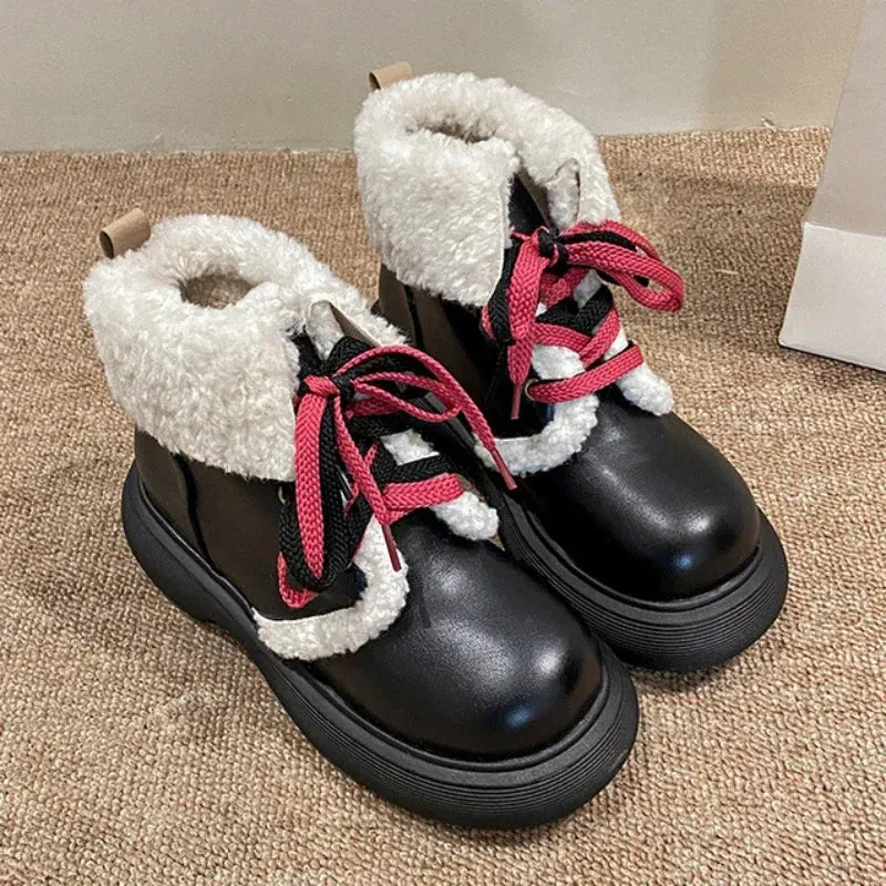 Hnzxzm Female Shoes Punk Style Ankle Booties Ladies Snow Boots Elegant with Medium Heels Lolita Combat Mary Janes Lamb on Slip Plush Pu