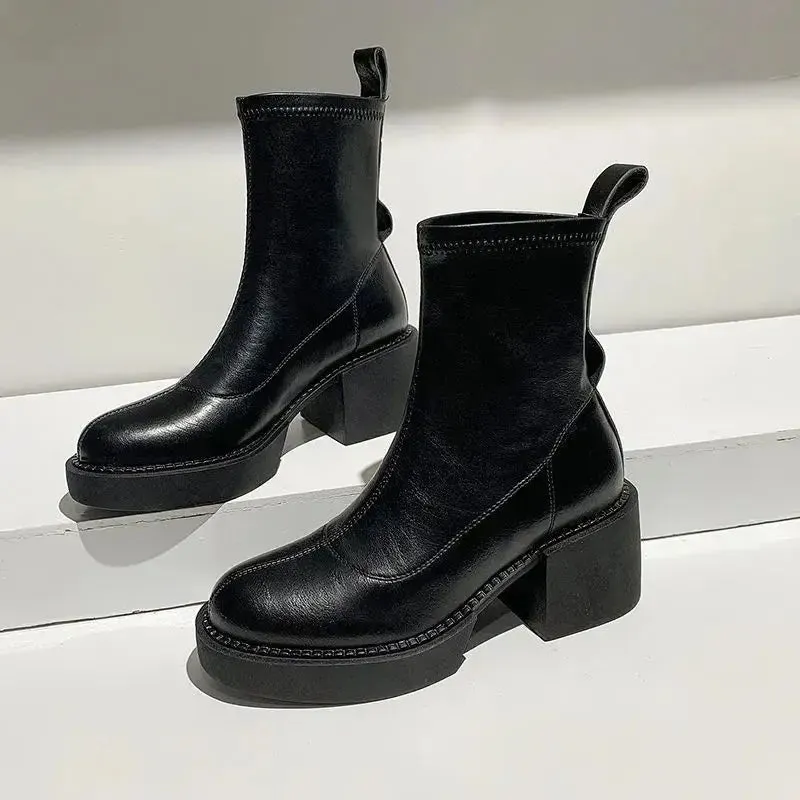 Hnzxzm Women's Ankle Boots Black Short Shoes for Woman Platform Booties Elegant with Medium Heels Footwear Punk Style Chunky Combat Pu