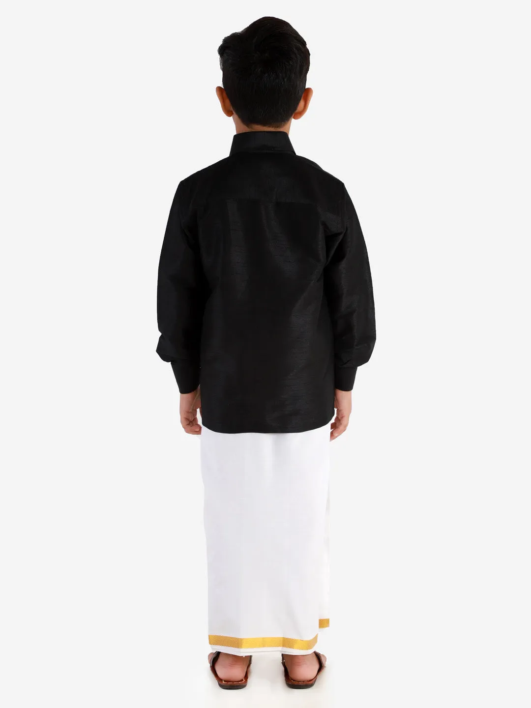 Jashvi Boys' Black Silk Long Sleeves Ethnic Shirt Mundu Vesty Style Dhoti Pant Set