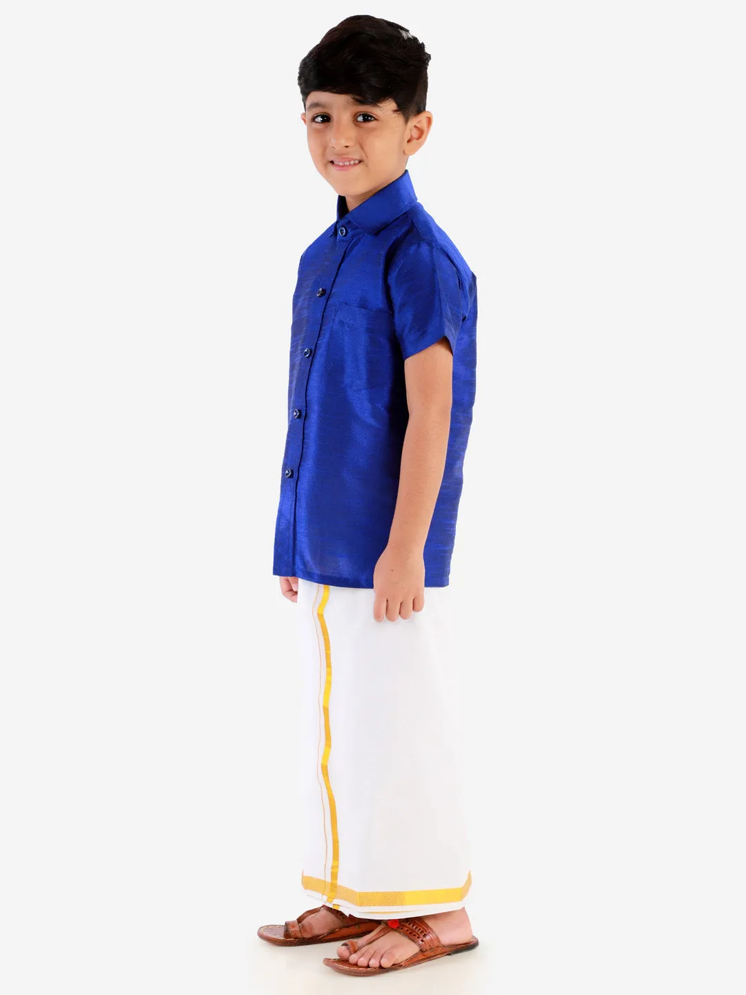 Jashvi Boys' Blue Silk Short Sleeves Ethnic Shirt Mundu Vesty Style Dhoti Pant Set