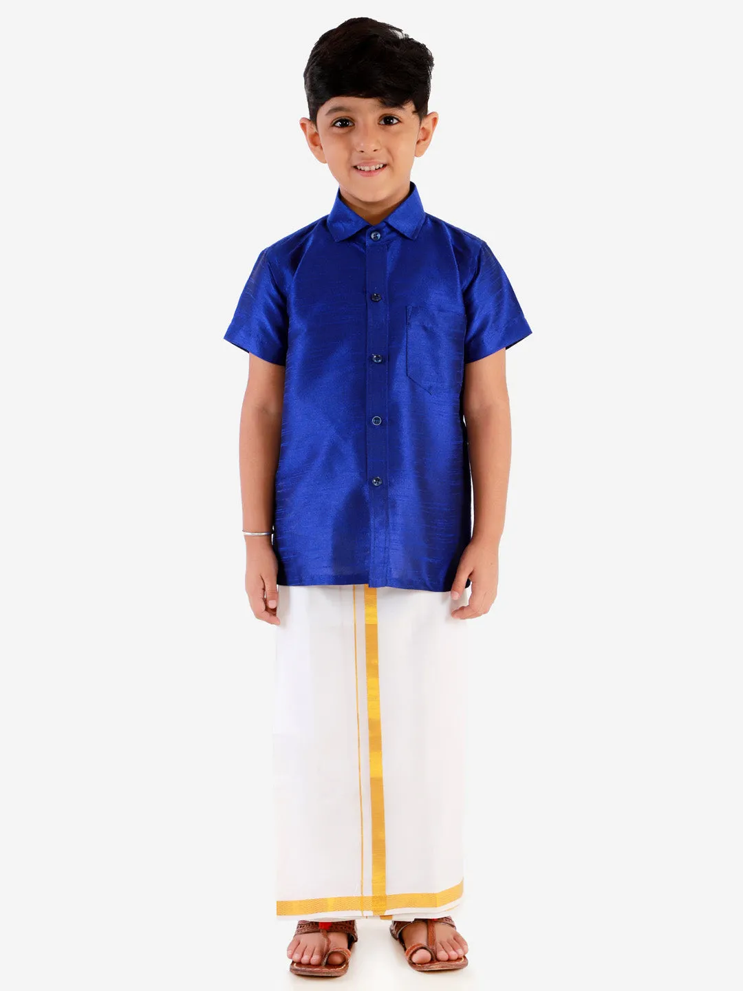 Jashvi Boys' Blue Silk Short Sleeves Ethnic Shirt Mundu Vesty Style Dhoti Pant Set