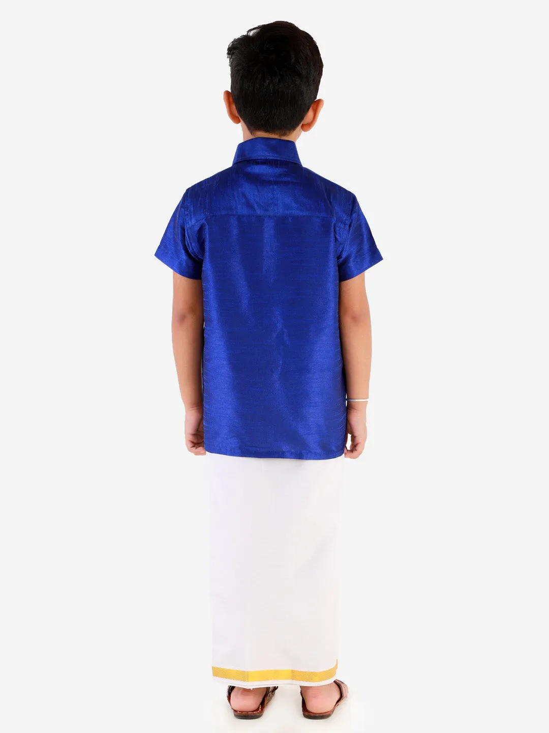 Jashvi Boys' Blue Silk Short Sleeves Ethnic Shirt Mundu Vesty Style Dhoti Pant Set