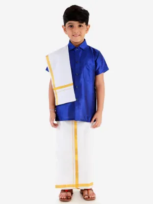 Jashvi Boys' Blue Silk Short Sleeves Ethnic Shirt Mundu Vesty Style Dhoti Pant Set