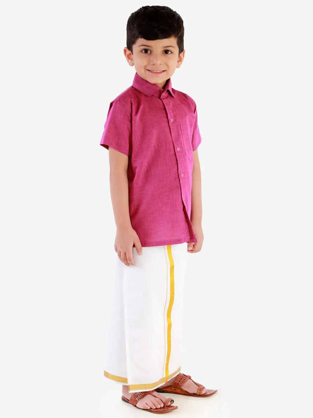 Jashvi Boy's Purple Shirt with White Mundu