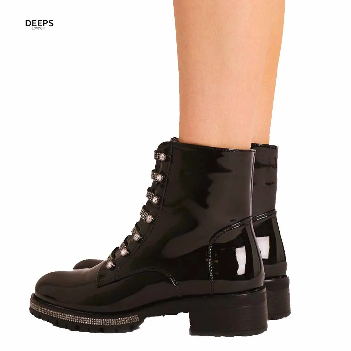 KYLIEE  DIAMANTE BLOCK HEEL BLACK ANKLE BOOTS