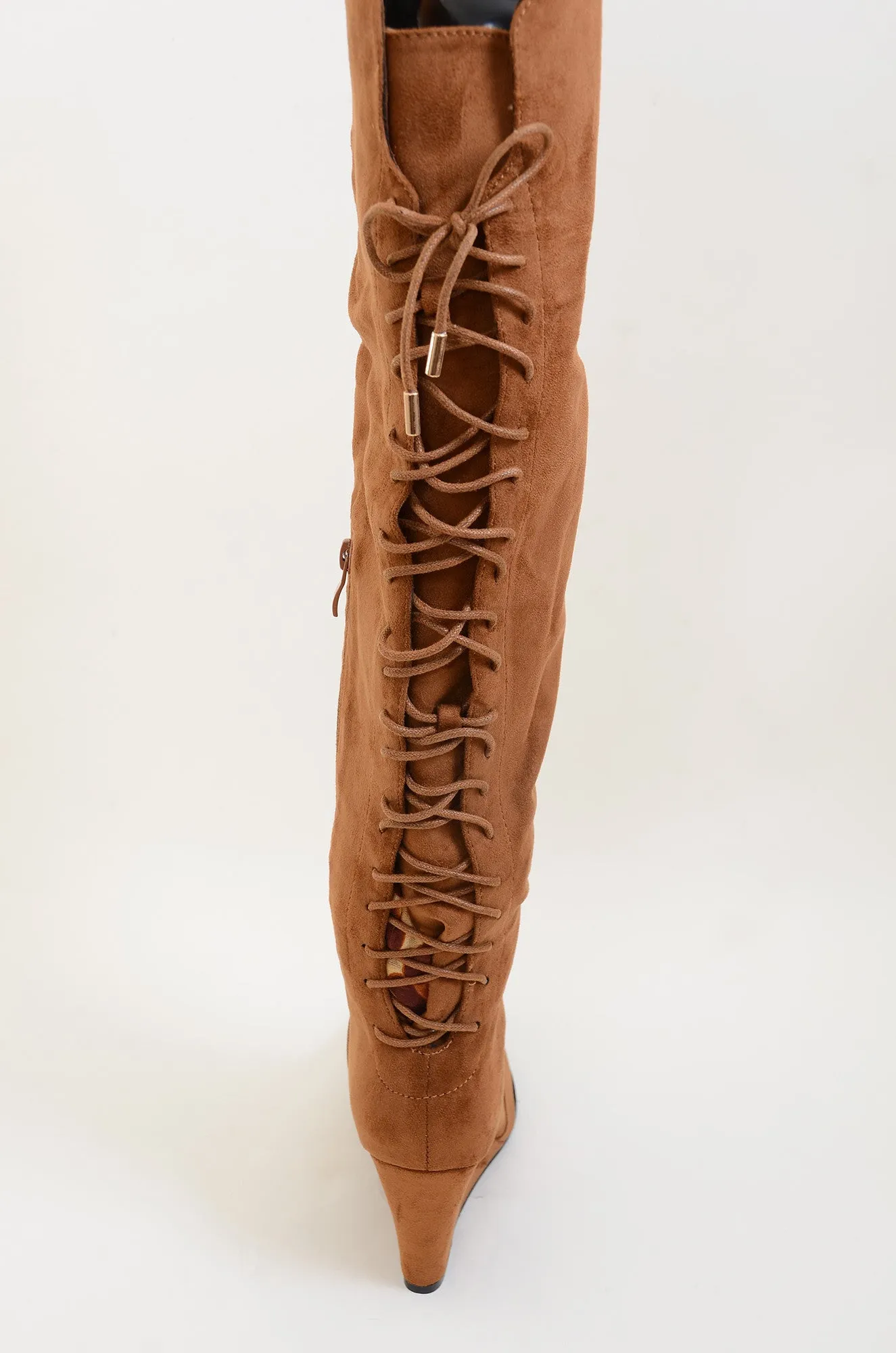 Lace Detailing Camel Over The Knee Wedge Boots Vegan Suede