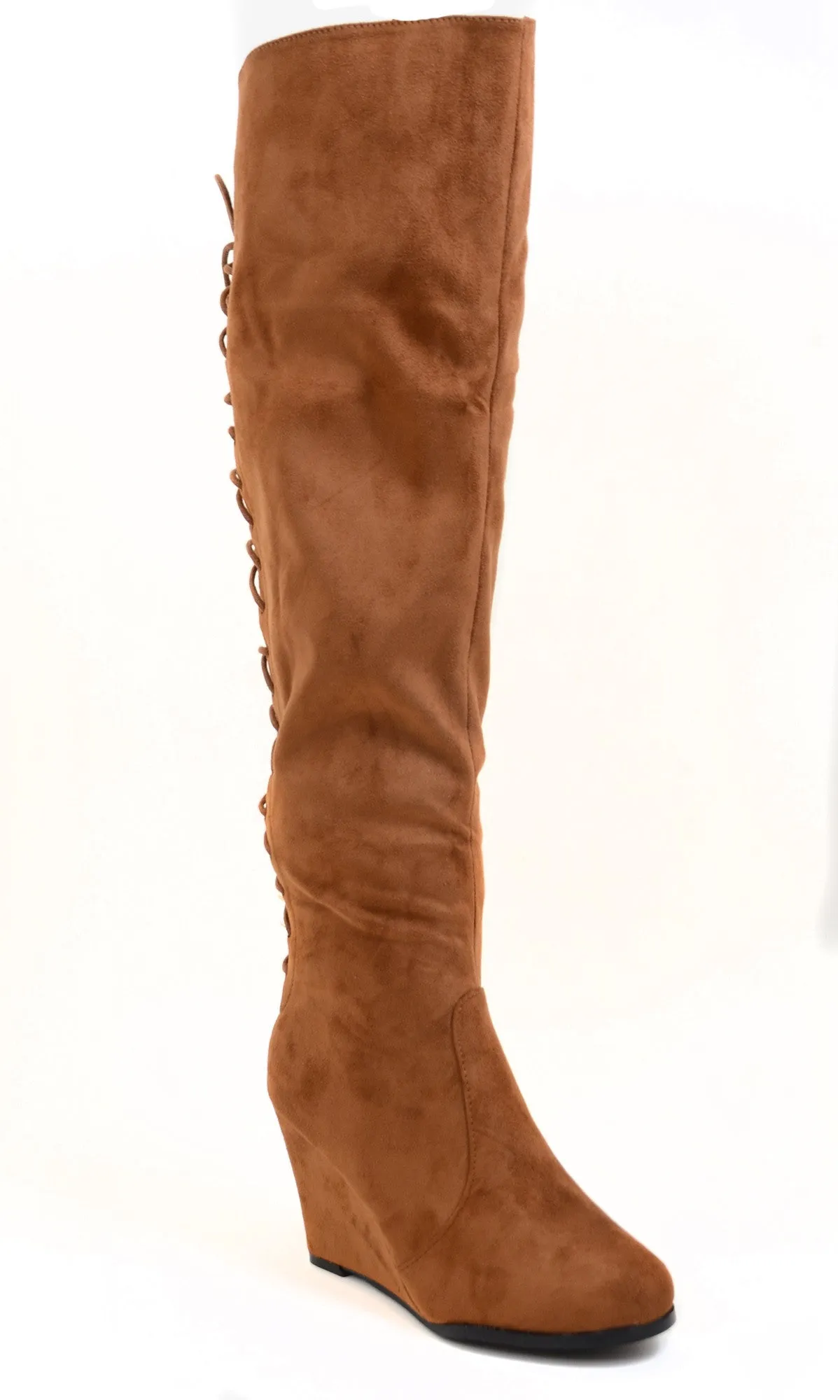 Lace Detailing Camel Over The Knee Wedge Boots Vegan Suede