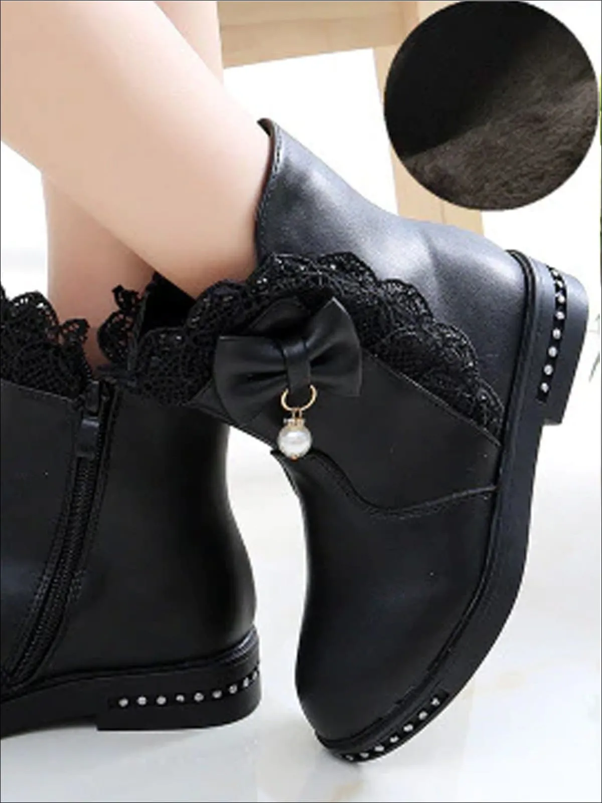 Lace Trimmed Pearl Bow Tie Ankle Boots By Liv and Mia