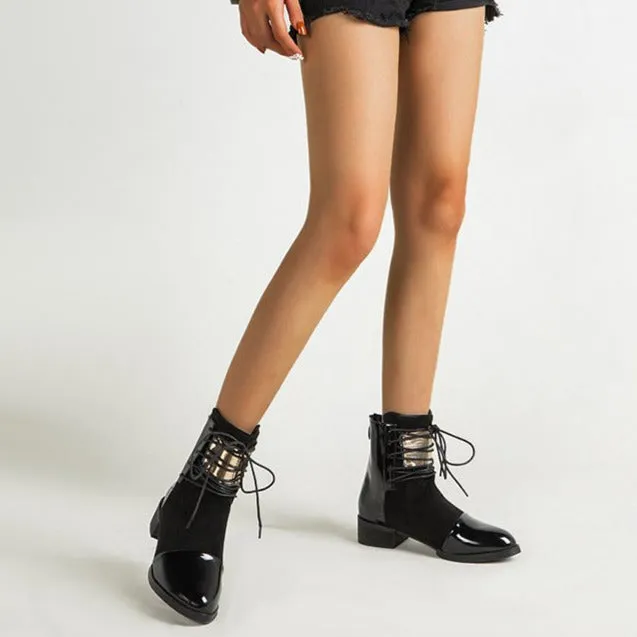 Lace-up Round Toe Low Heeled Back Zipper Boots