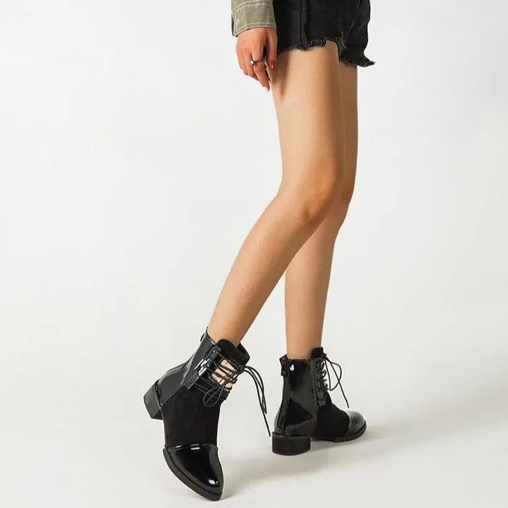 Lace-up Round Toe Low Heeled Back Zipper Boots